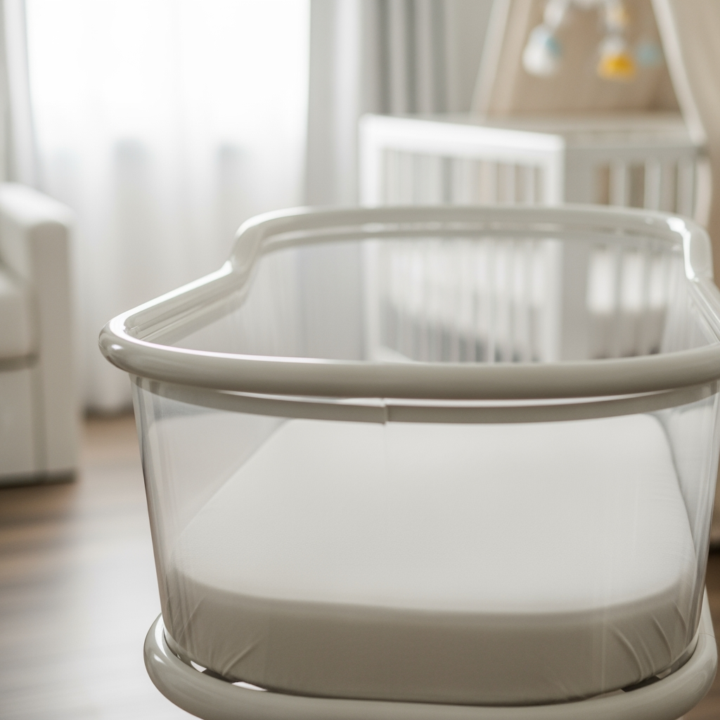 A close-up view of a safe infant bassinet with a firm mattress and fitted sheet, prepared for sleep.