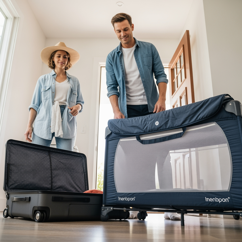 A confident parent stands with their luggage and a packed travel crib, ready and prepared for stress-free family travel.