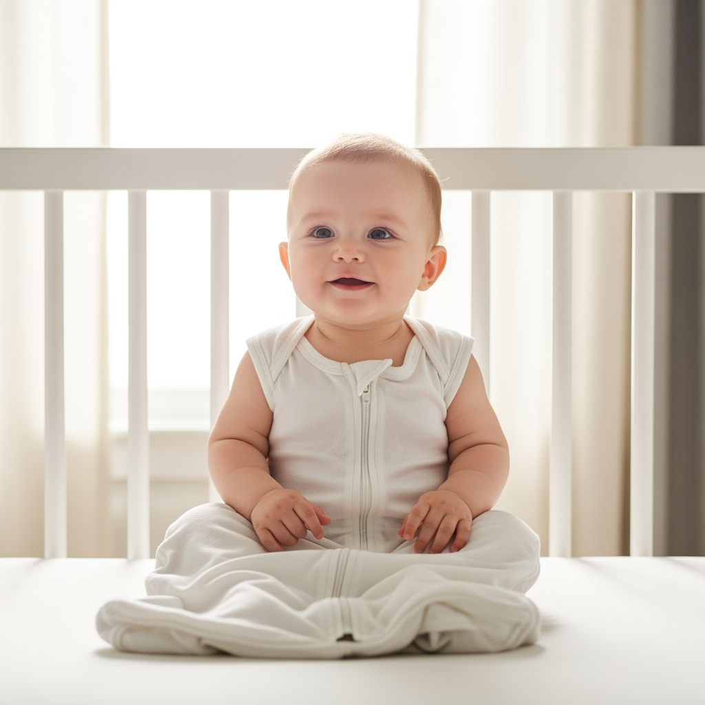 A happy 7-month-old baby sits up in a crib after a nap, looking well-rested and content in a sunlit room.