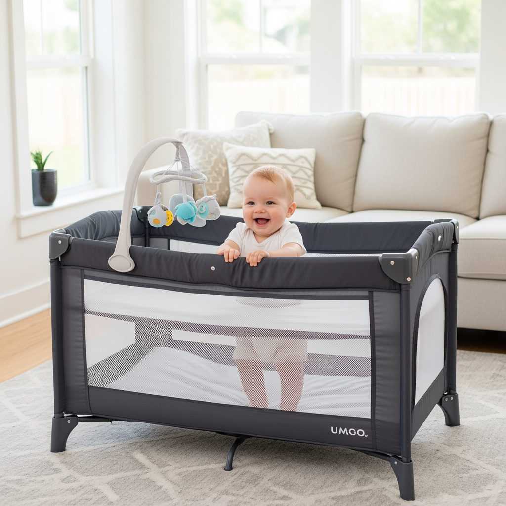 A happy baby plays in a travel crib in a sunny living room, getting acclimated to it before a vacation.