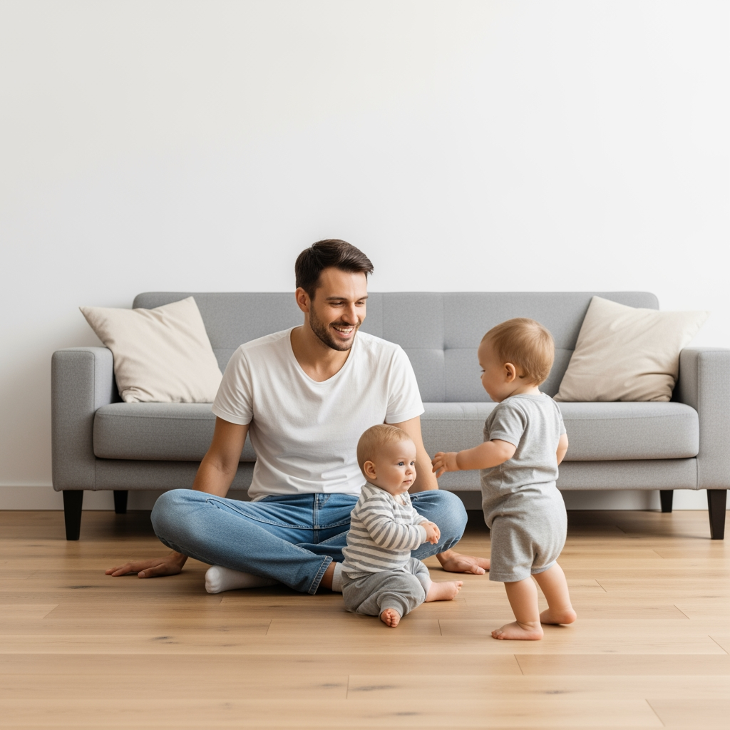 A happy parent in a bright living room watches their well-rested one-year-old toddler practice walking.