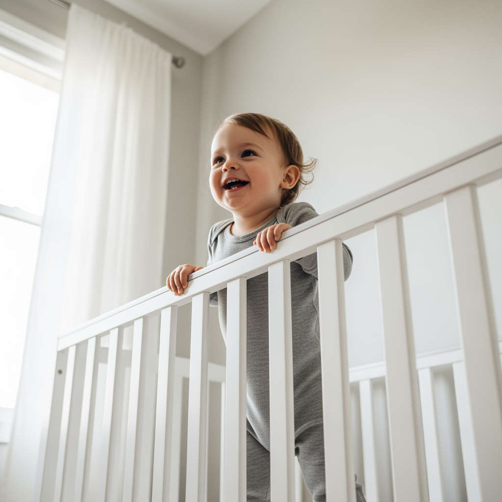 A happy toddler stands in their crib after a nap, illustrating the benefits of an age-specific sleep schedule.