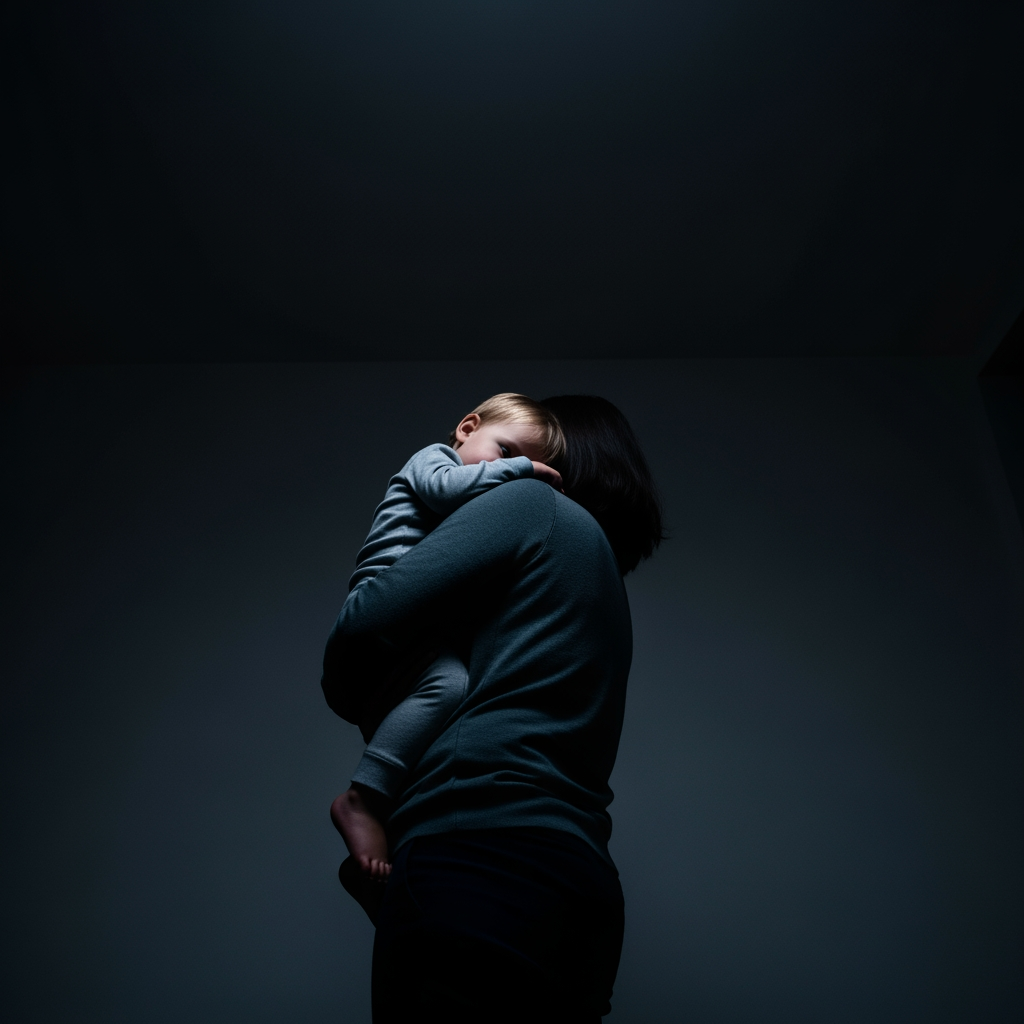 A low-angle shot in a dark room showing the silhouette of a parent calmly holding a toddler during the night.