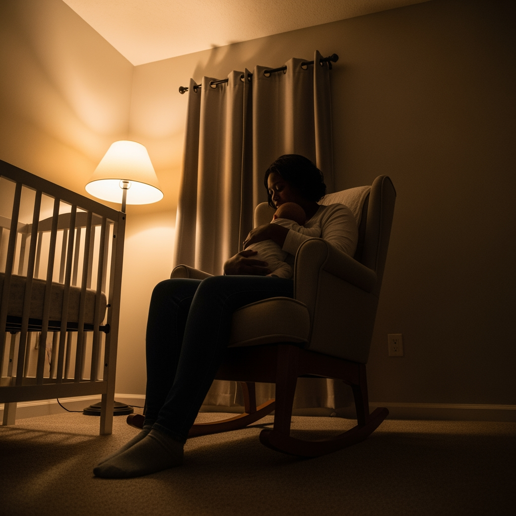 A low-angle shot of a parent patiently rocking a baby in a dimly lit nursery chair.