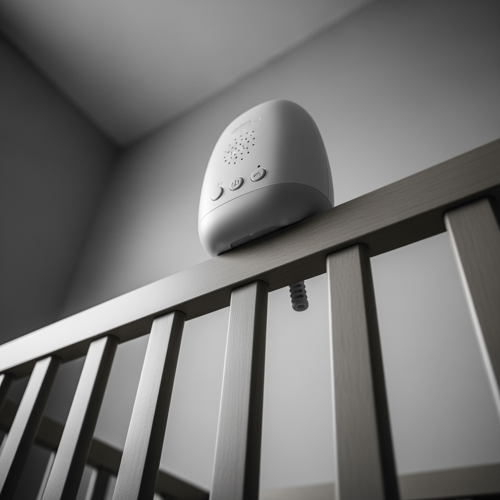 A low-angle shot showing a white noise machine placed incorrectly and unsafely on the rail of a baby's crib.