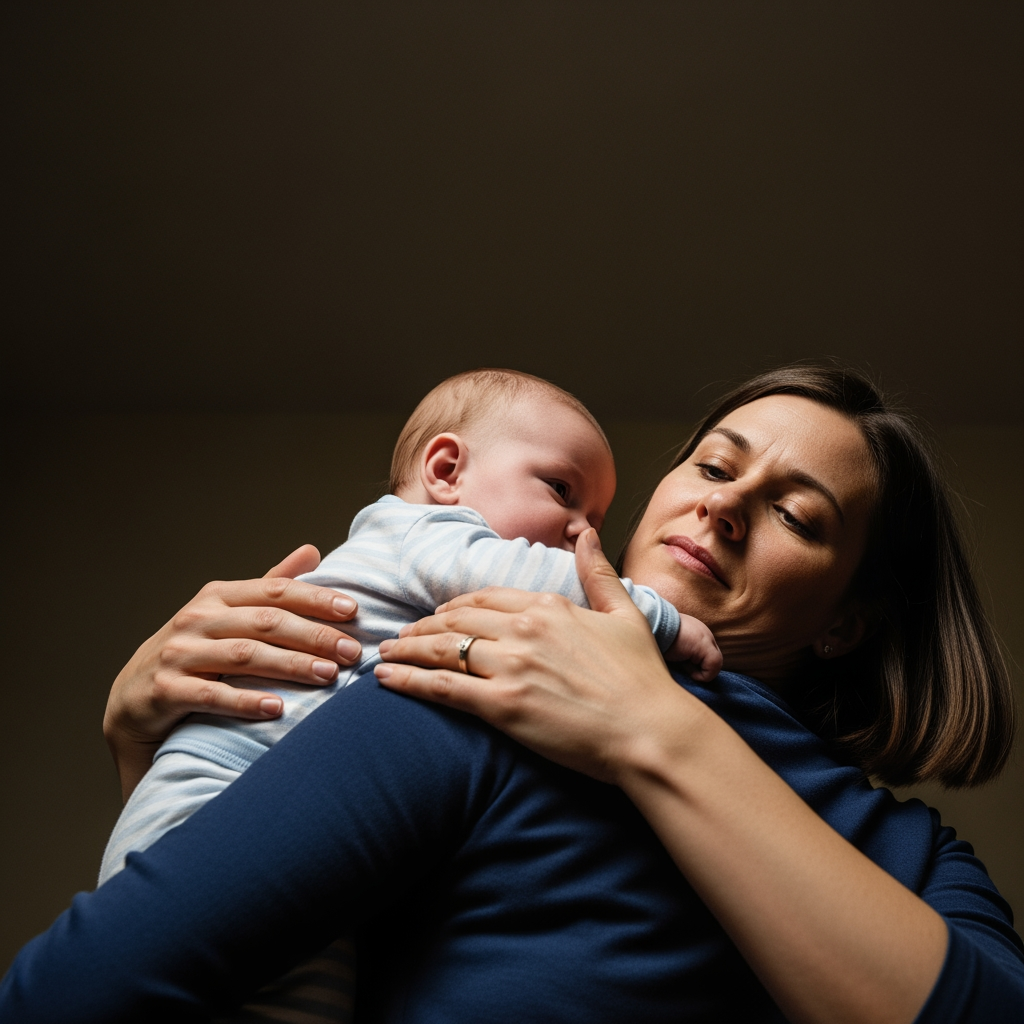 A low-angle view of a tired parent patiently patting their baby's back after a feed, illustrating a troubleshooting moment.