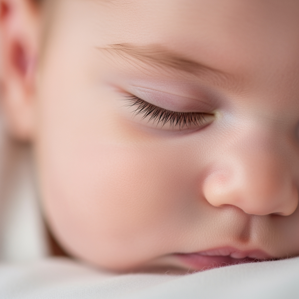 A macro close-up of a baby's face in deep, peaceful sleep, showing their relaxed features and soft skin.