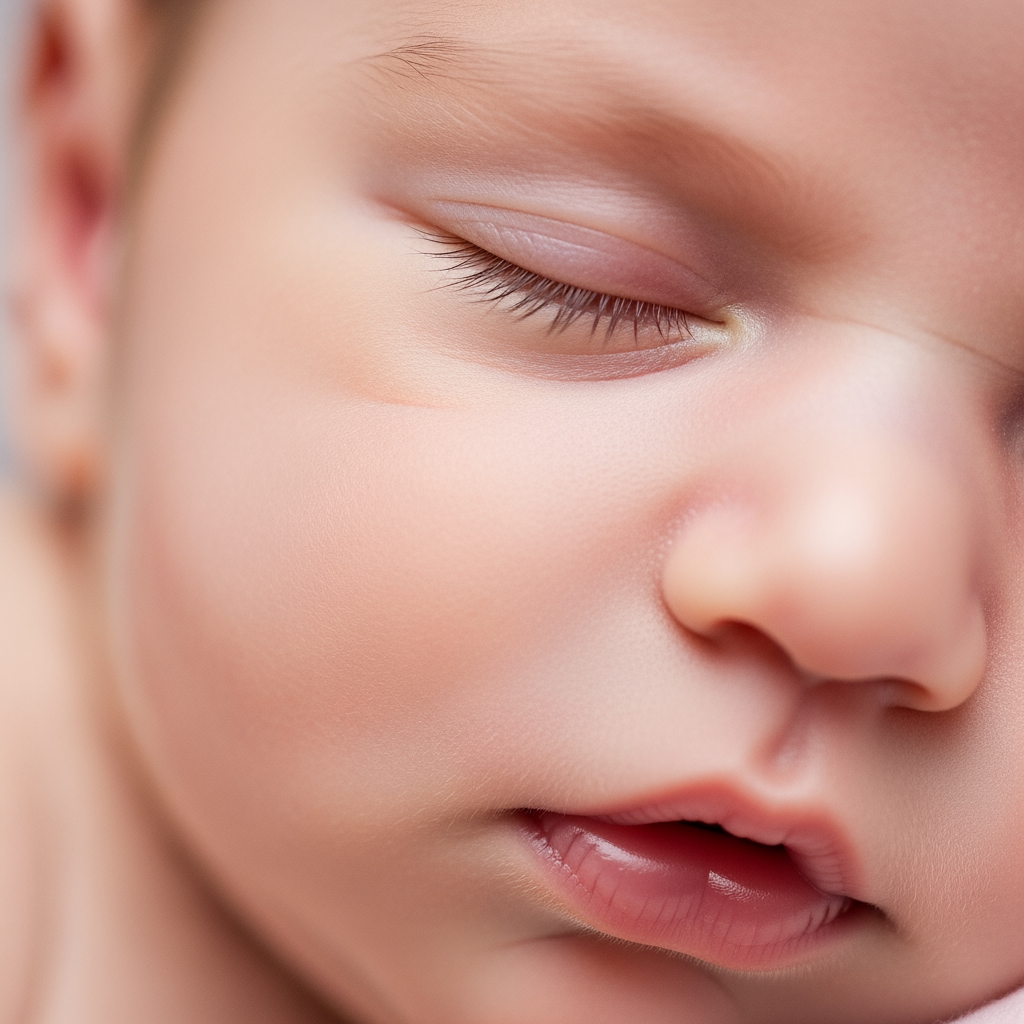A macro close-up of a sleeping baby's peaceful face, showing their closed eyes and calm expression.