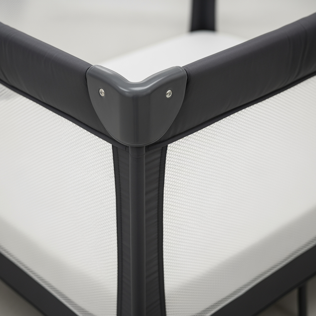 A macro close-up of a travel crib's corner, showing the breathable mesh side and the firm mattress, highlighting its safety features.