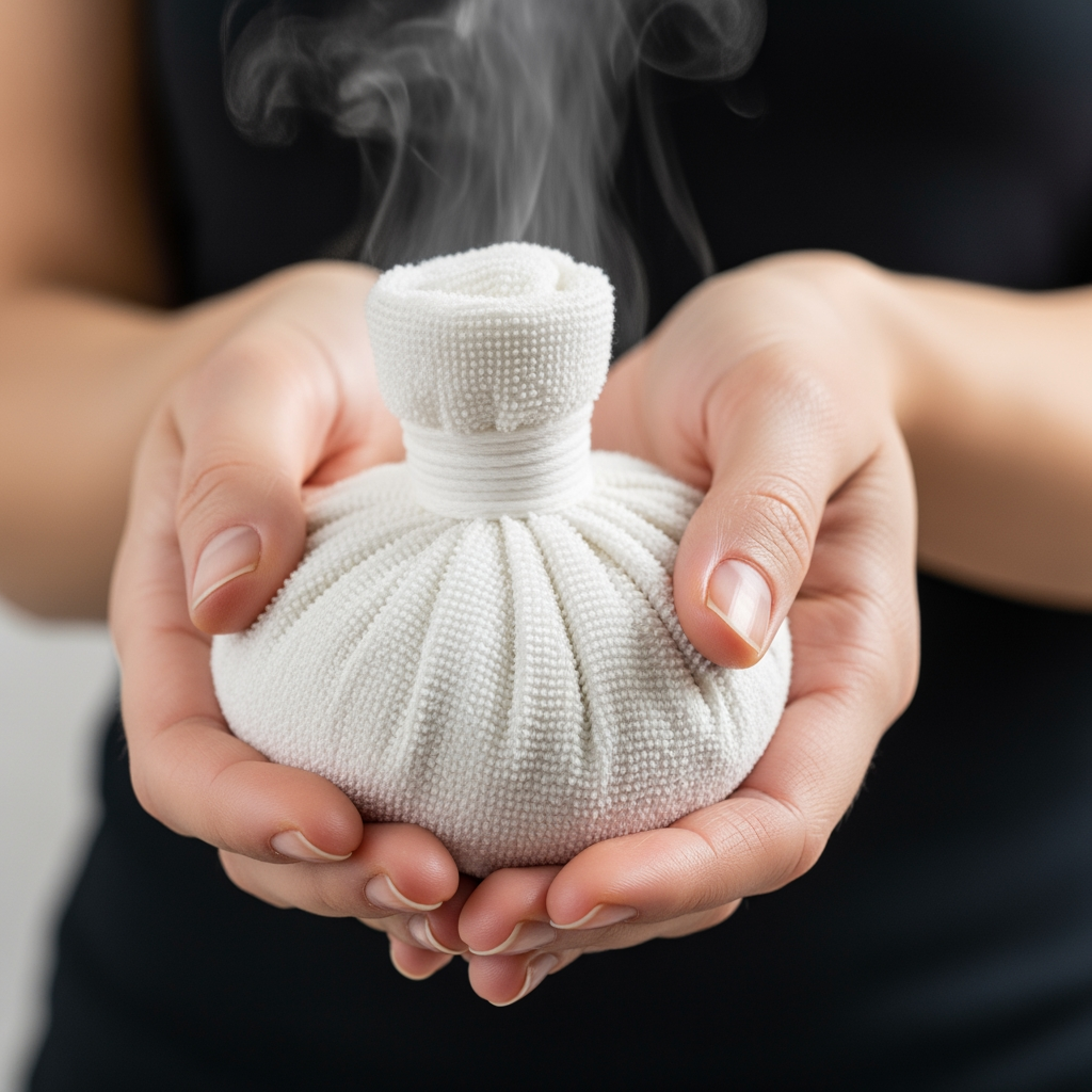 A macro close-up of hands holding a warm, steamy white cloth compress for soothing relief.