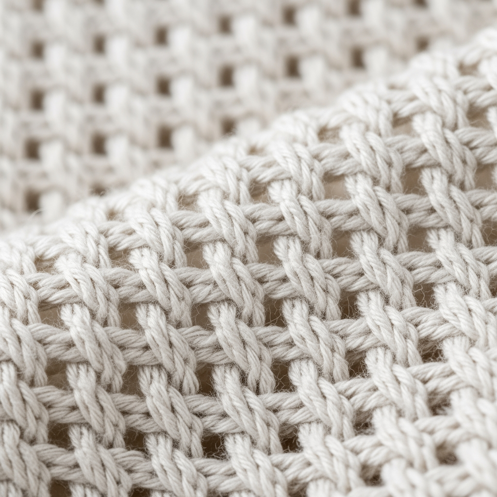 A macro, detailed photo of the woven texture of a soft cotton baby blanket.