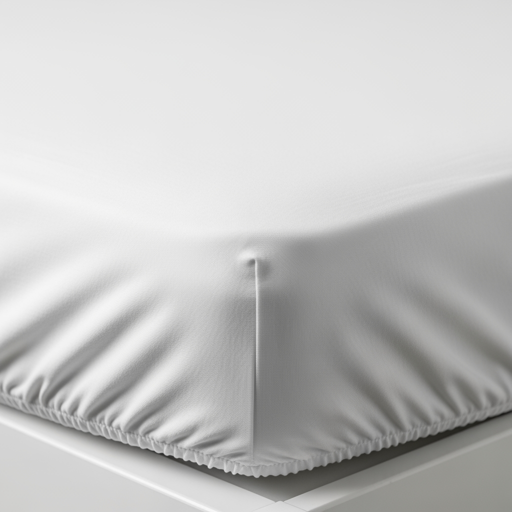 A macro shot of a crisp white fitted sheet stretched tightly over a firm crib mattress, highlighting its safety.