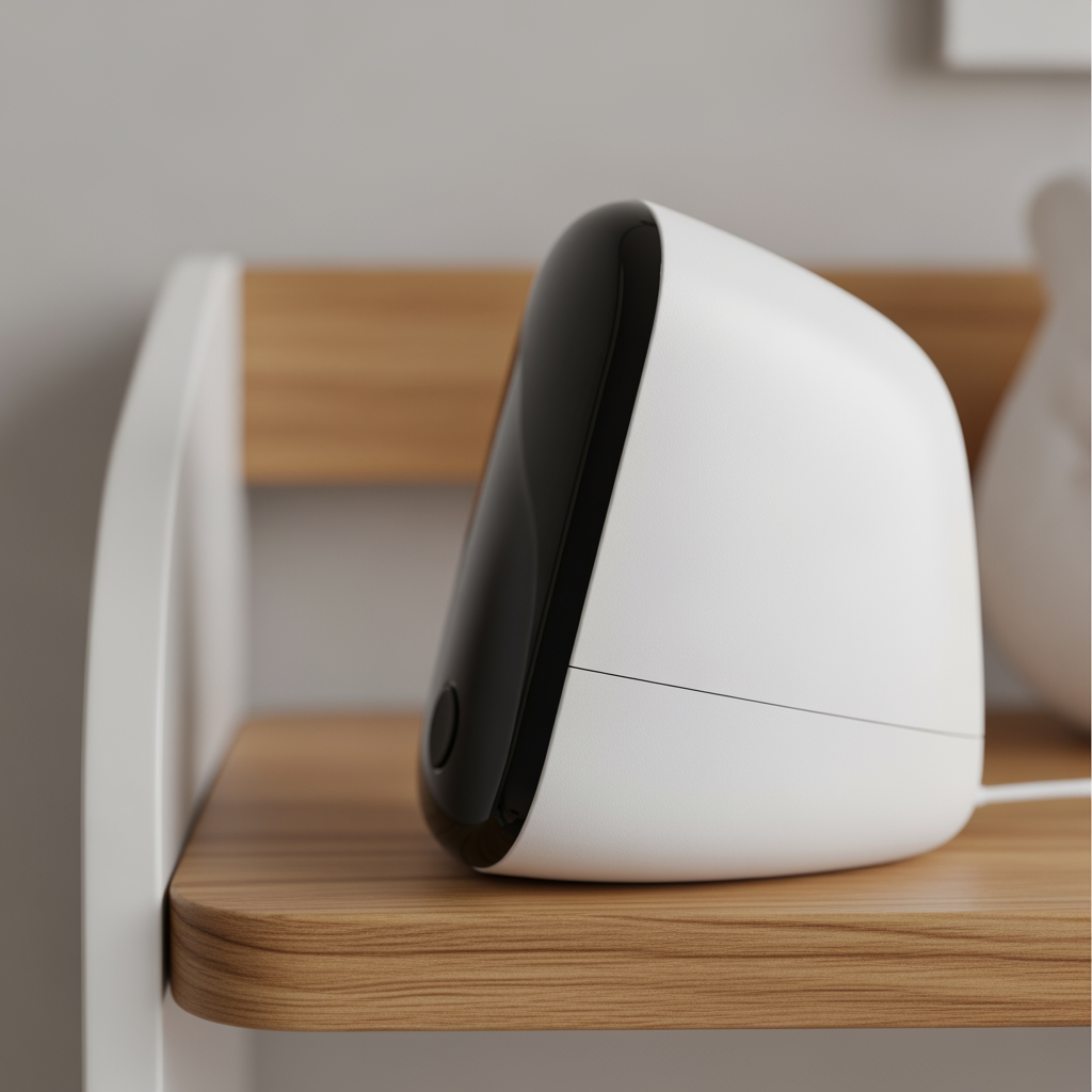 A macro shot of a sleek, modern piece of technology, like a smart baby monitor, on a wooden shelf.