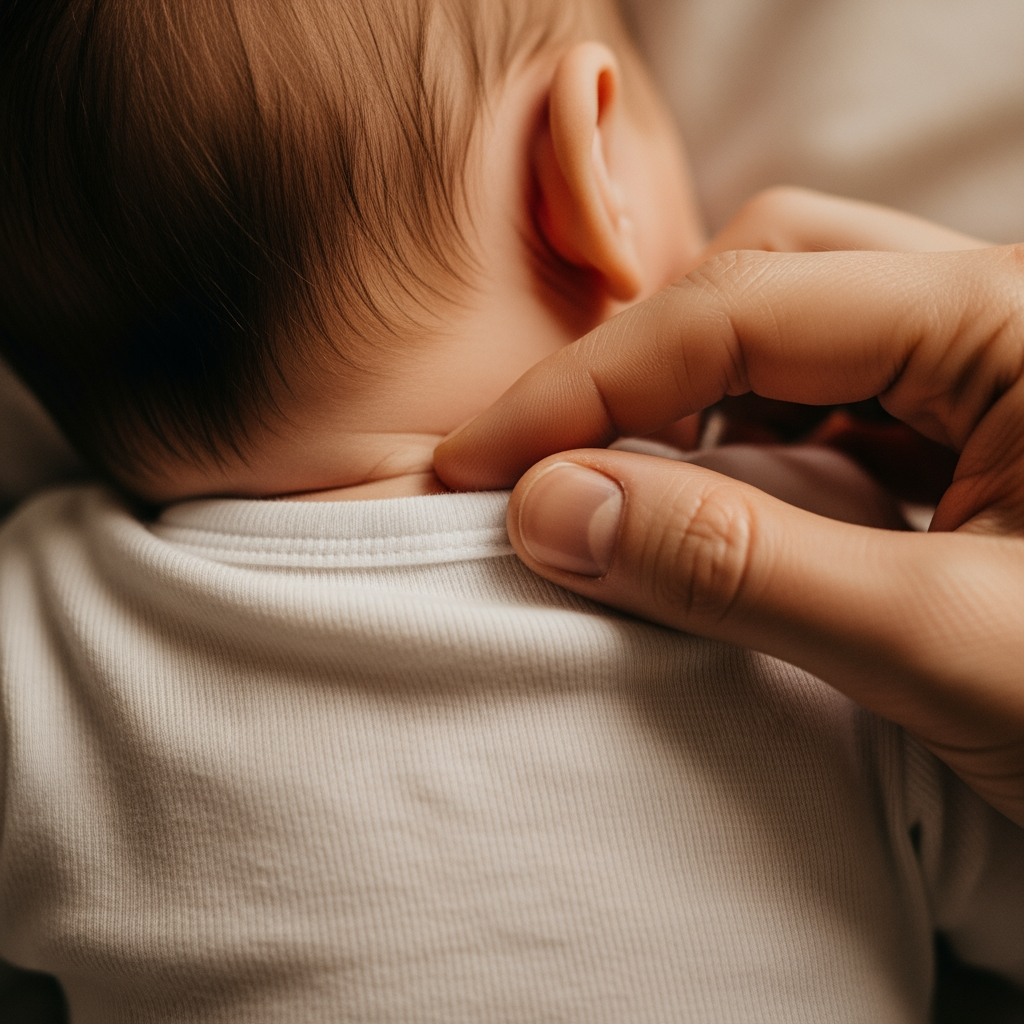 A macro shot showing a parent's hand gently feeling the nape of a sleeping baby's neck to check for warmth.