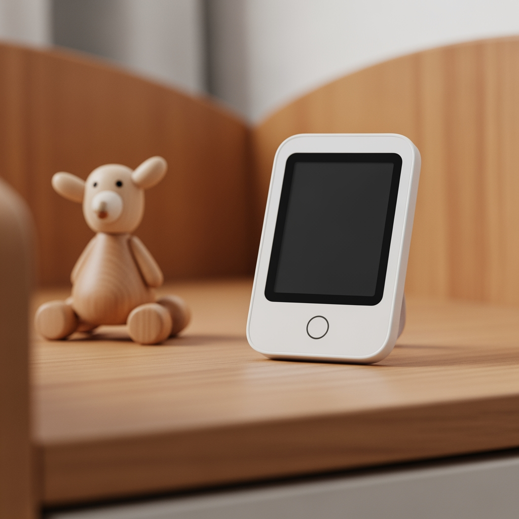A modern digital room thermometer with a blank screen rests on a wooden nightstand in a nursery.