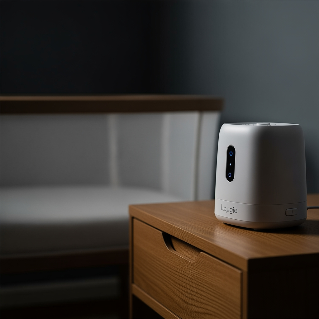 A modern white noise machine on a nightstand, with a bassinet softly blurred in the background.