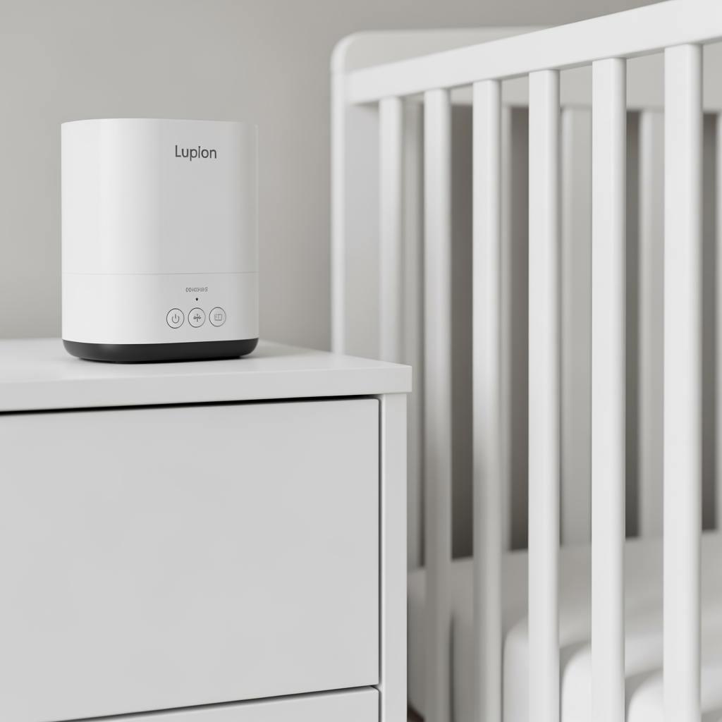A modern white noise machine sits on a nightstand next to a crib, creating a calm and quiet ambiance.
