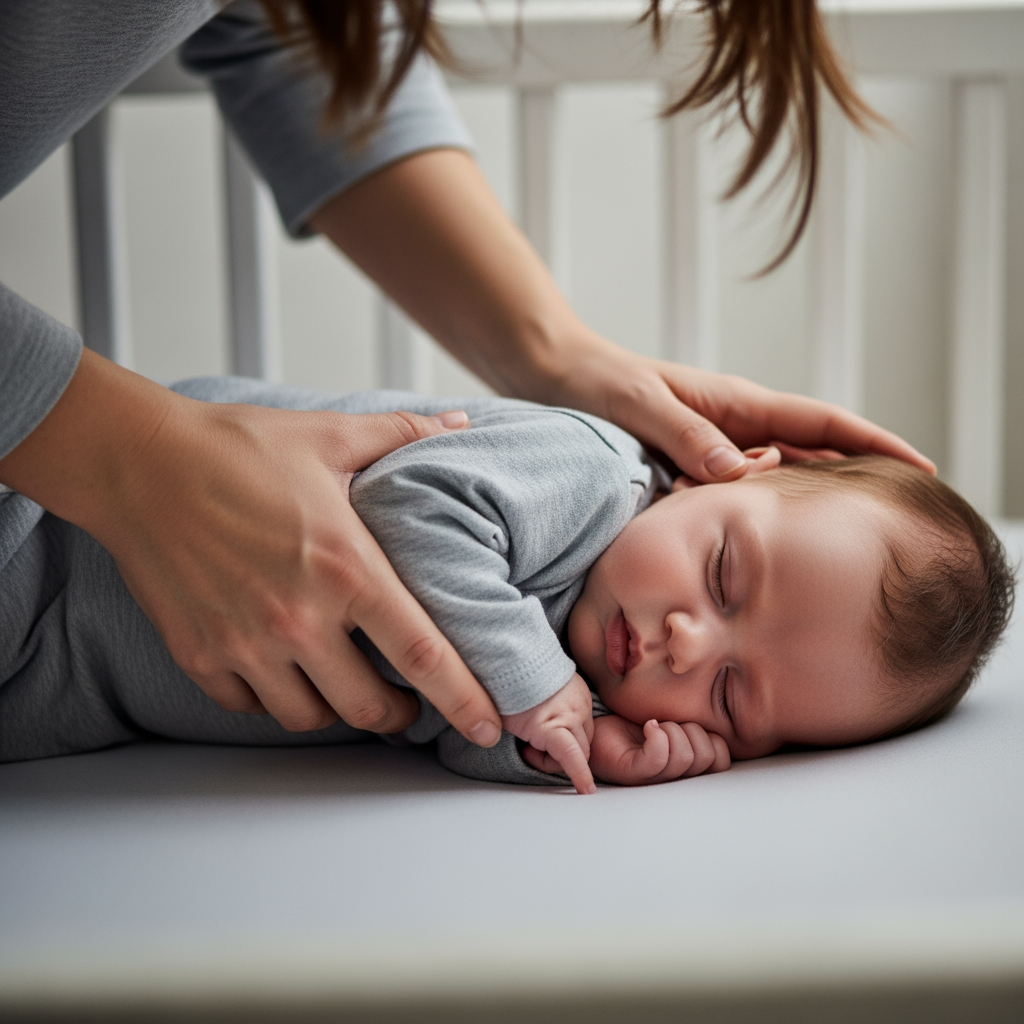 A mother gently places her calm, drowsy baby into a crib, illustrating the 'drowsy but awake' sleep training technique.