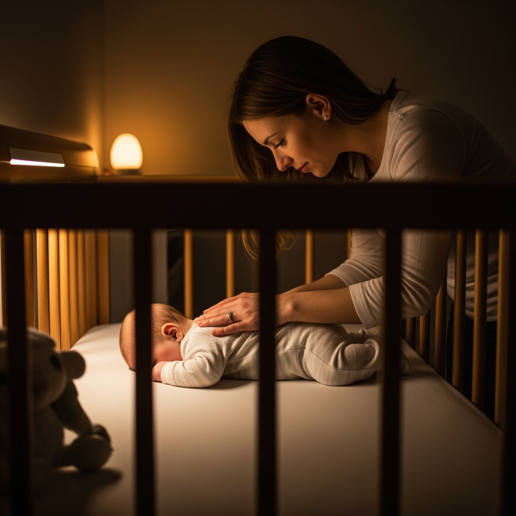 A mother gently soothes her baby in the crib at night, demonstrating a gentle, non-CIO sleep training method.