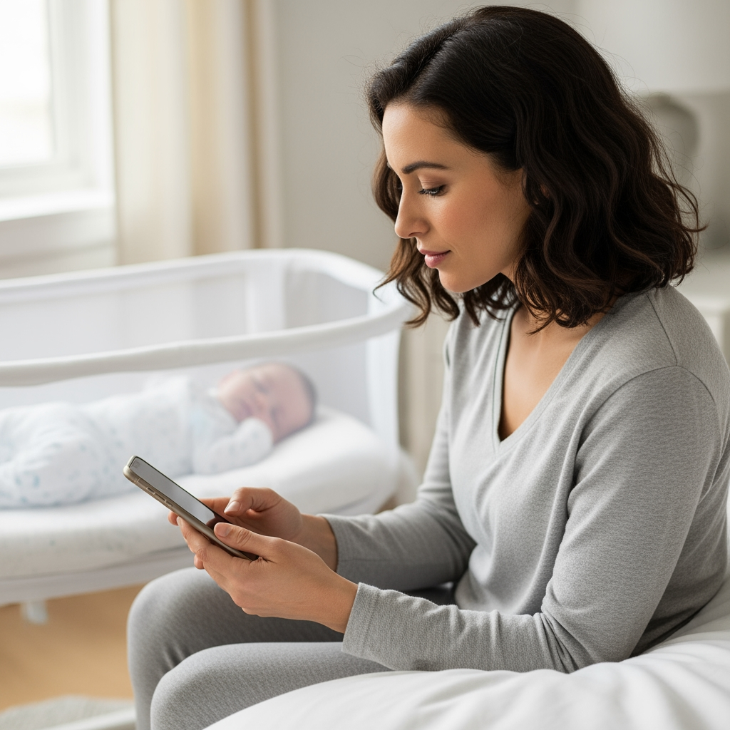 A mother thoughtfully looks at her phone while her baby sleeps peacefully nearby, symbolizing the evolution to intelligent sleep apps.