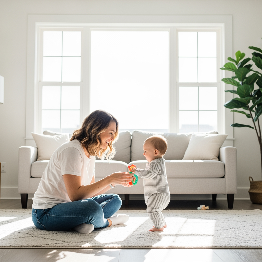 A parent and baby play on the floor in a living room flooded with bright, natural sunlight from a large window.