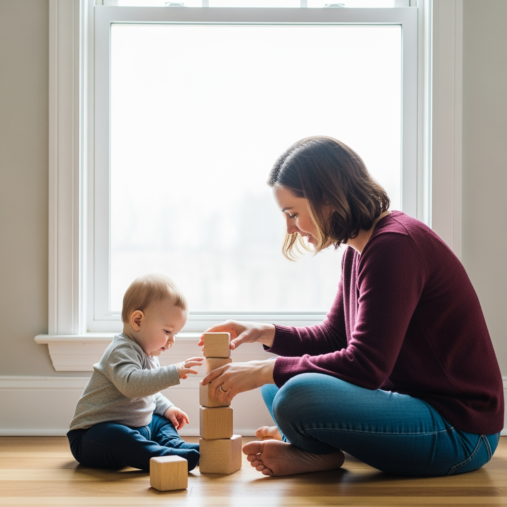 A parent and baby sit calmly on the floor, playing with blocks in a peaceful, sunlit room.