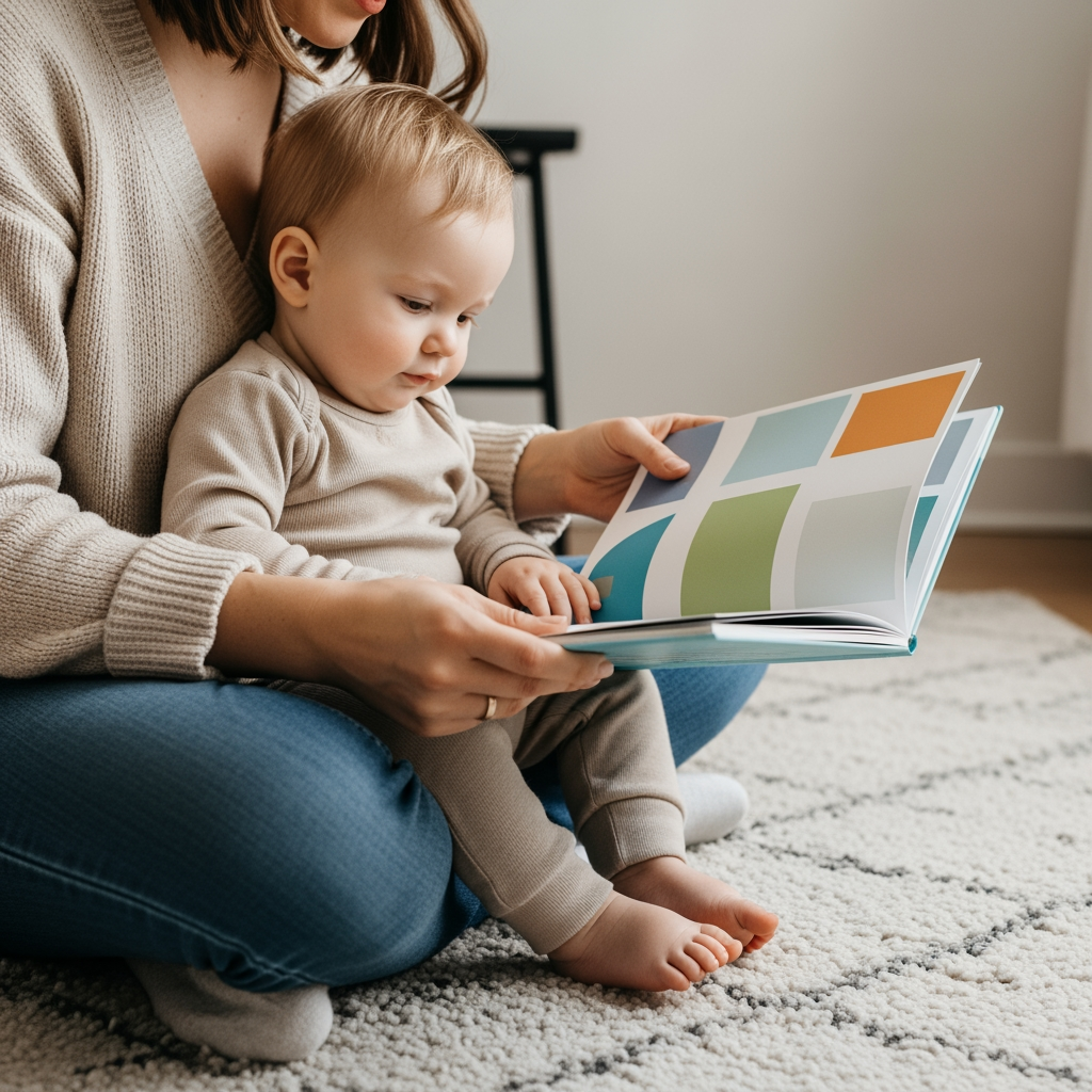 A parent and toddler share a quiet moment on the floor with a book as part of a pre-nap routine.