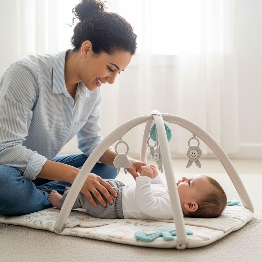 A parent at eye-level with their baby on a play mat, smiling and observing their child's happy cues.