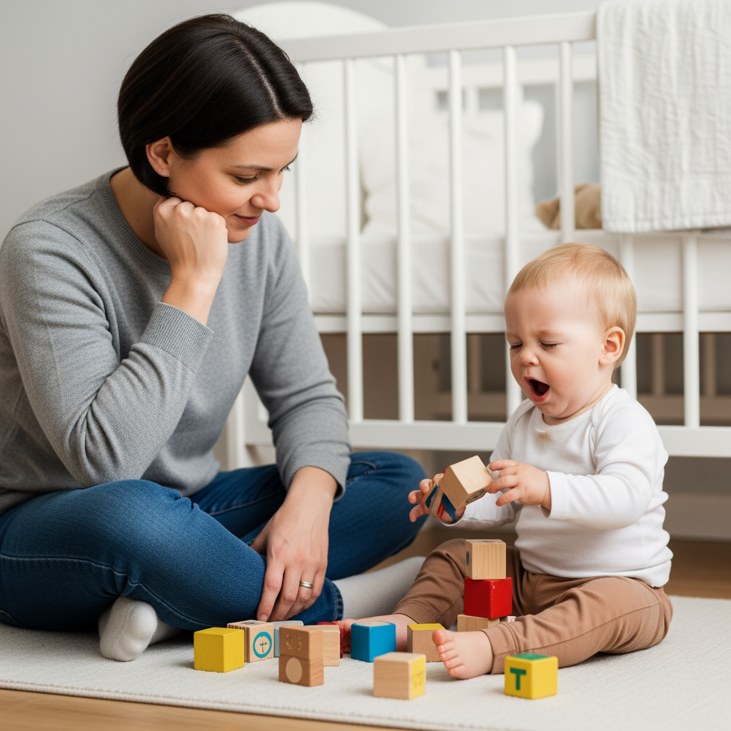 A parent at eye-level with their one-year-old, watching as the toddler plays and shows early signs of sleepiness.
