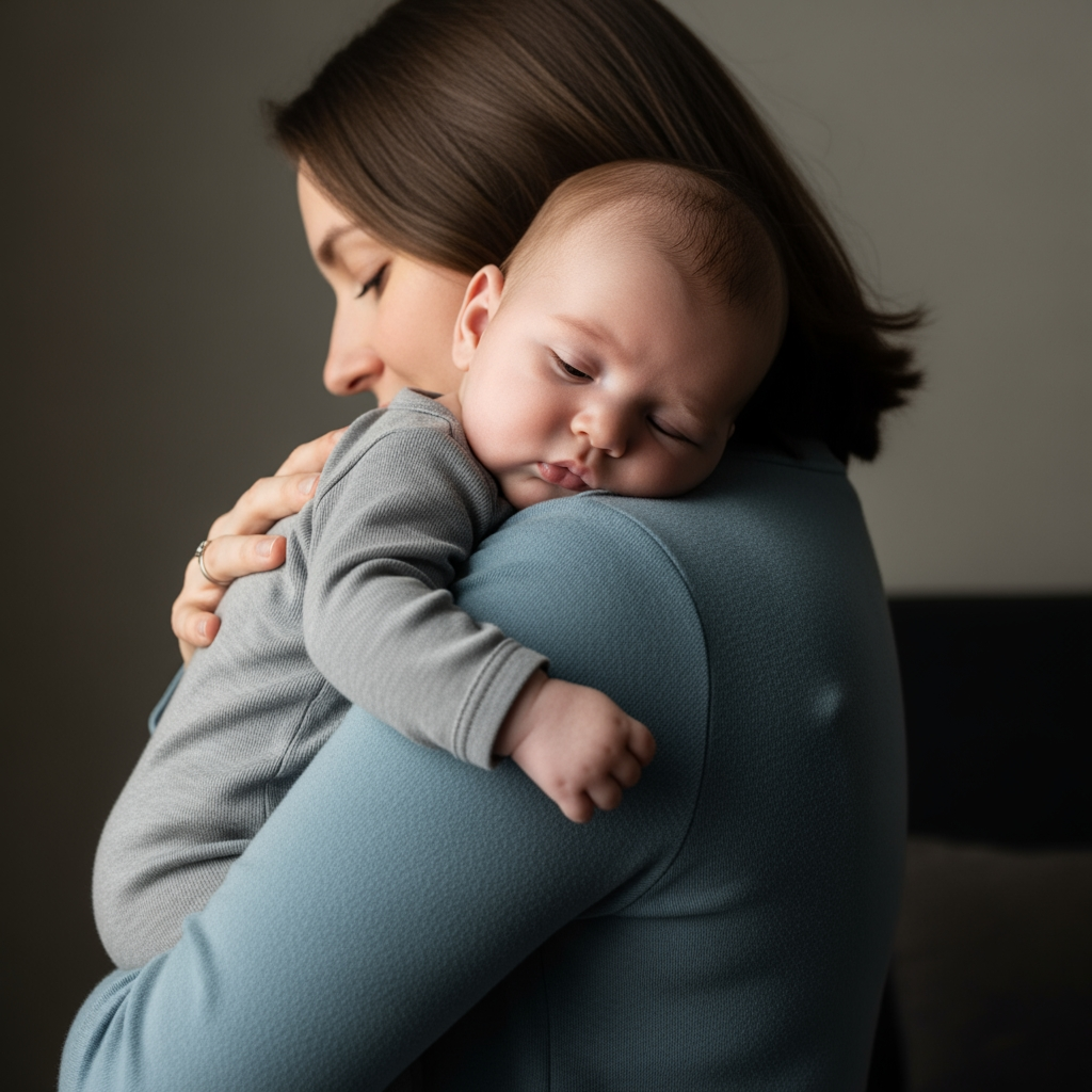 A parent calmly holds their baby, who is nestled on their shoulder in a softly lit room.