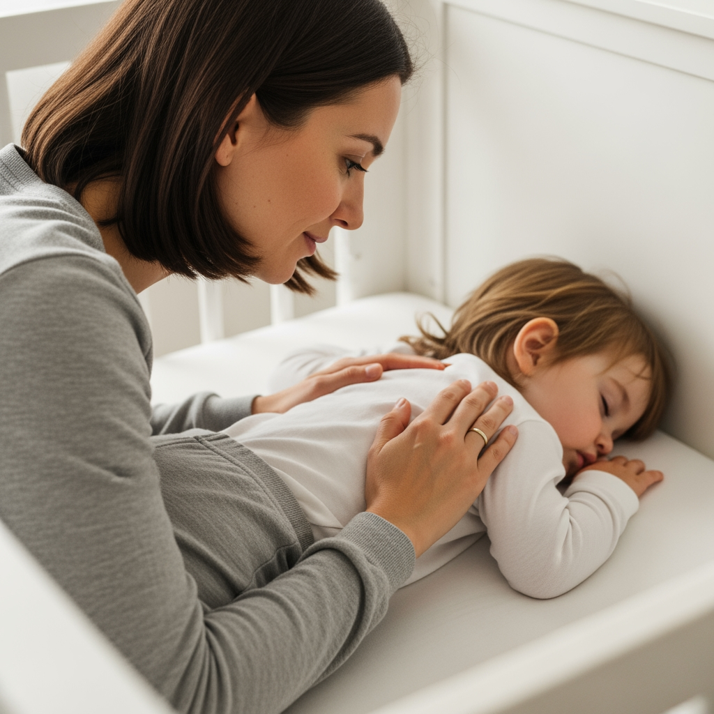 A parent calmly leans over a crib to gently pat their toddler's back, helping them fall asleep.