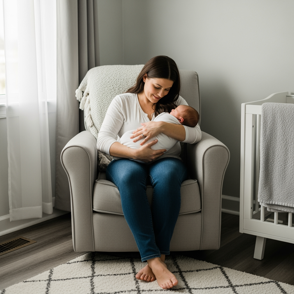 A parent gently rocks a swaddled infant in an armchair in a quiet room, demonstrating a soothing technique.
