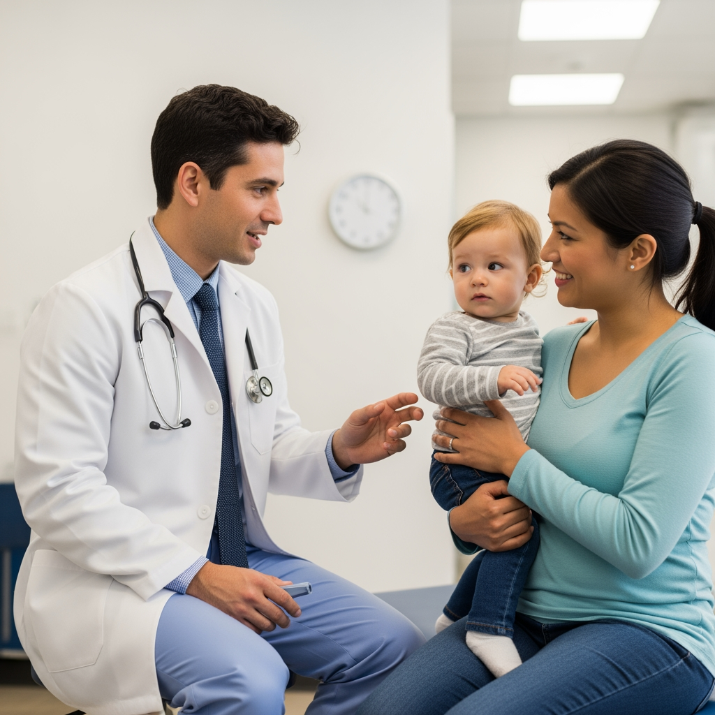 A parent holding a toddler speaks with a friendly and reassuring pediatrician in a calm office setting.