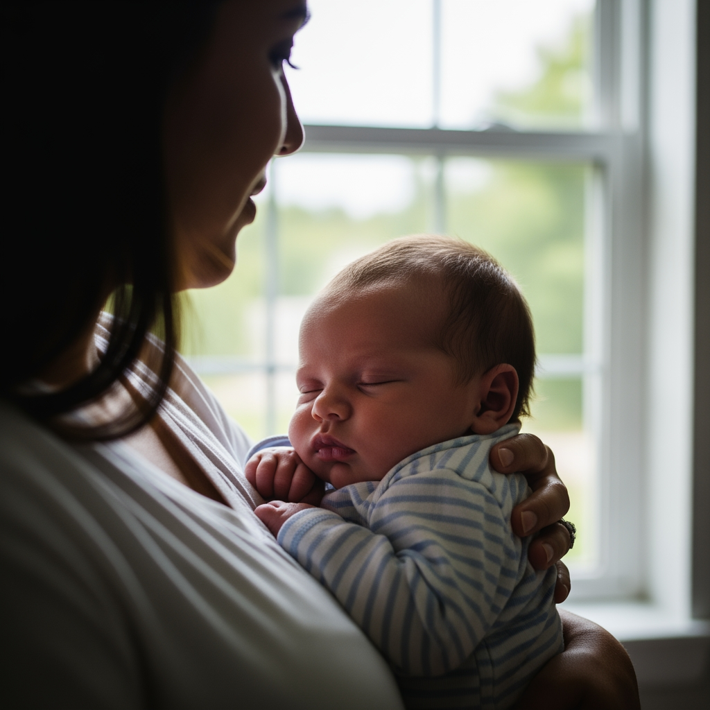 A parent holds a peacefully sleeping baby, looking out a sunny window, symbolizing a successful path to longer naps.