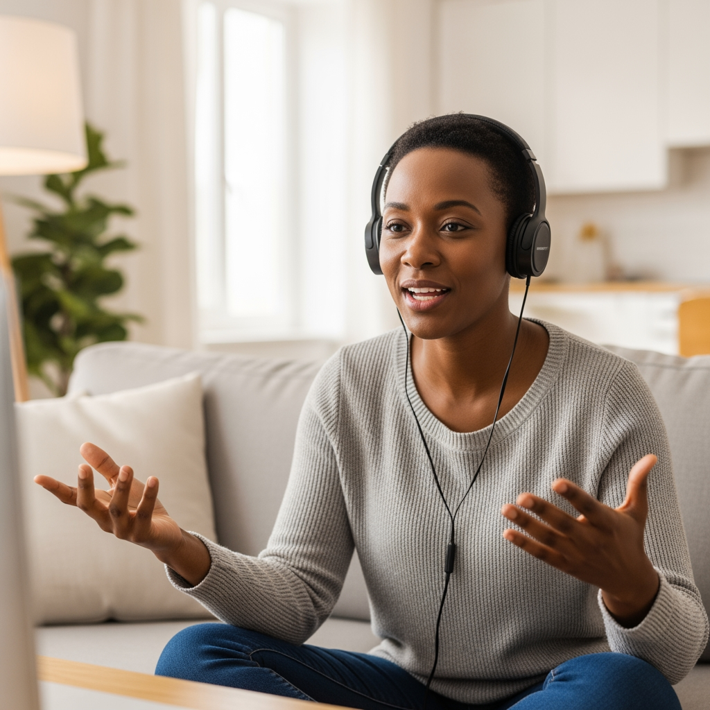 A parent in a sunlit American home, smiling while engaging in a virtual consultation, suggesting a connection with a US-based professional.