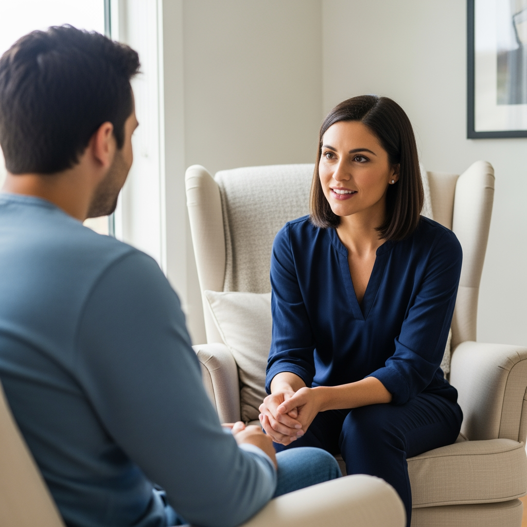 A parent in conversation with a professional sleep consultant in a calm home environment, discussing how to choose the right service.