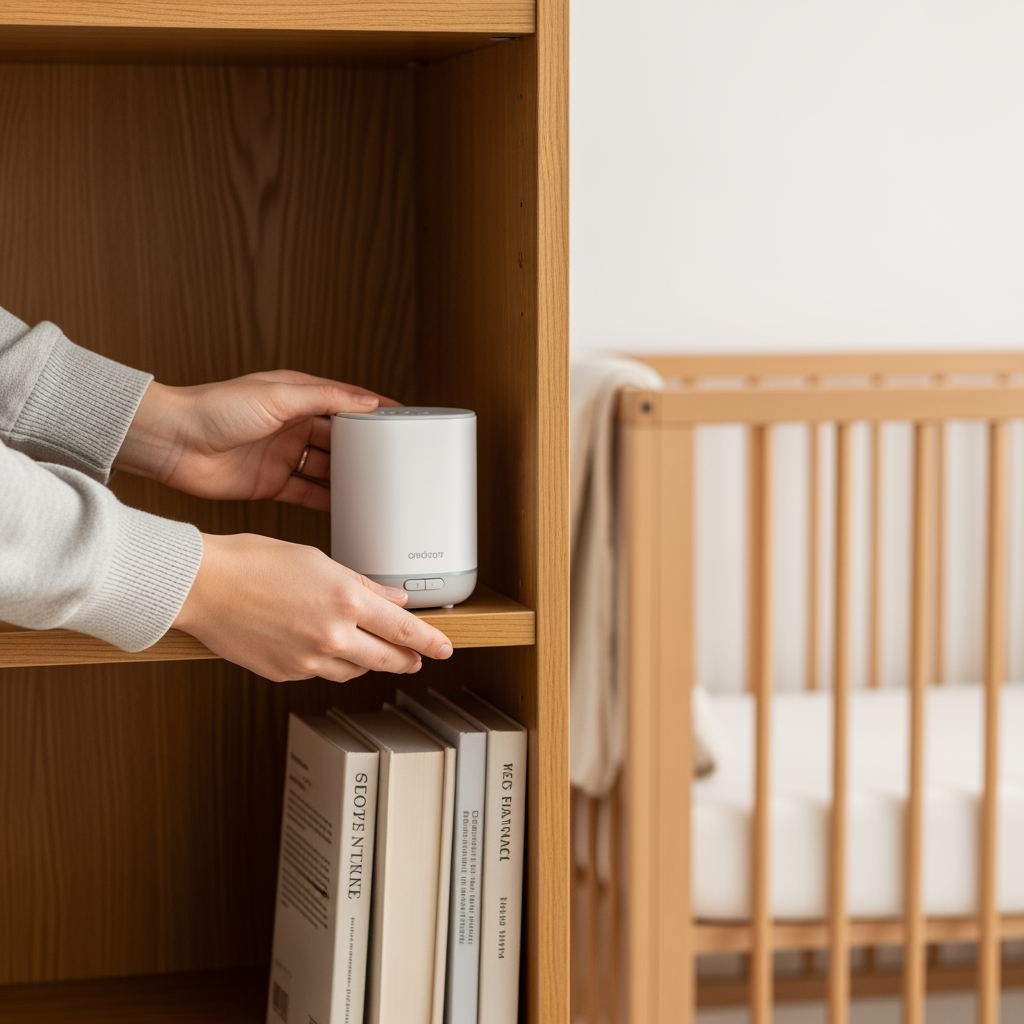 A parent places a white noise machine on a bookshelf, emphasizing the safe distance from the crib in the background.