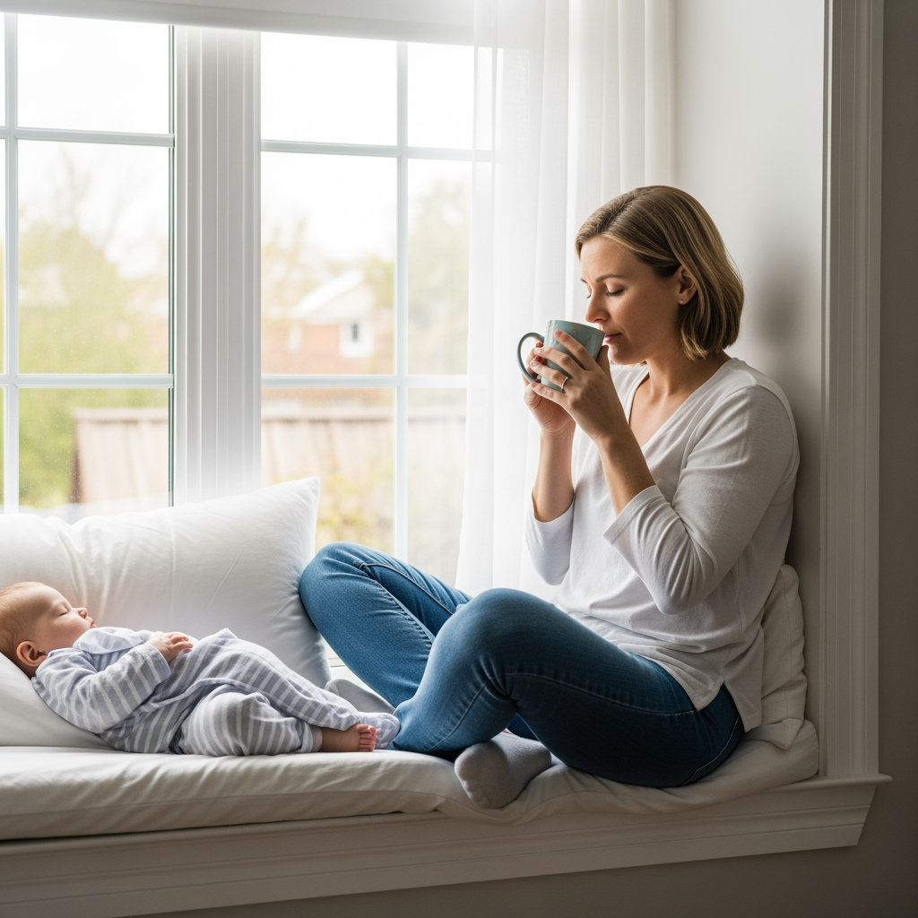 A parent relaxes peacefully with a mug in a quiet, sunlit corner of their home, enjoying a moment of solitude.