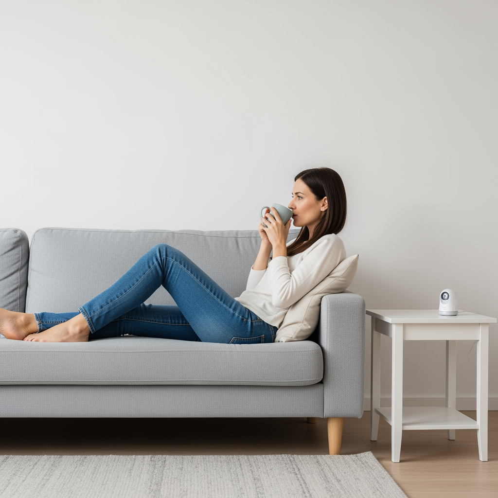 A parent relaxes with a drink on a sofa in a quiet living room, enjoying a moment of peace while the baby is napping.