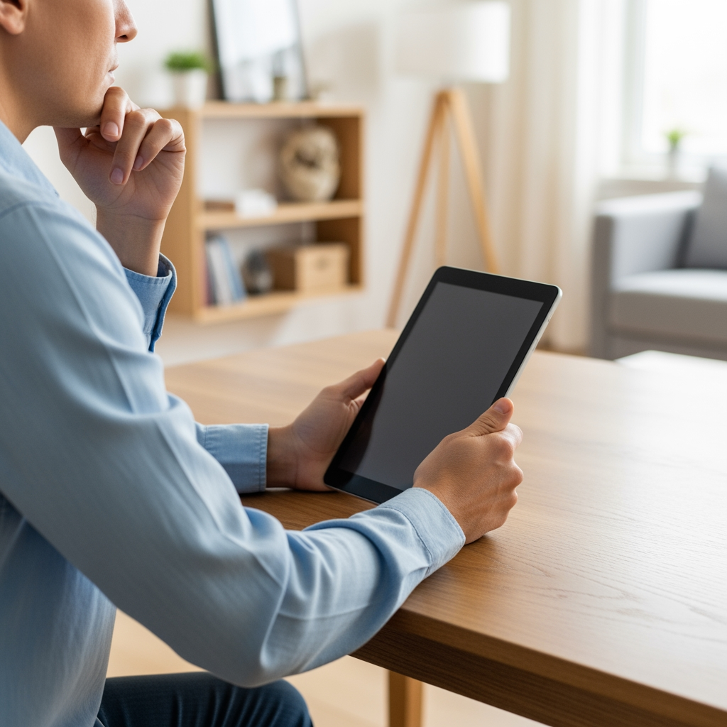 A parent sits at a desk thoughtfully holding a blank tablet, considering the cost and tiers of a sleep consultant.