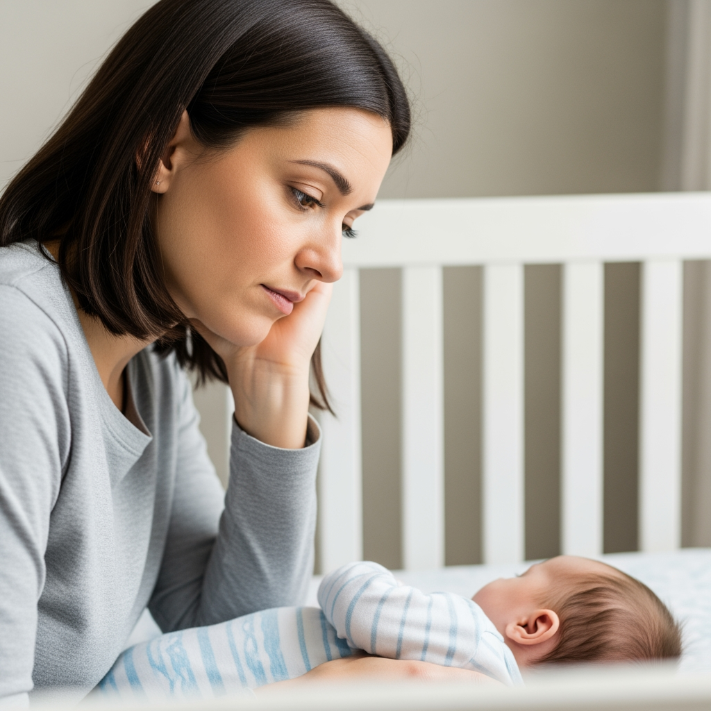 A parent sits beside a crib, looking down thoughtfully at their sleeping baby.