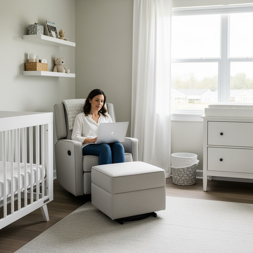 A parent sits in a bright, organized nursery with a closed laptop, representing the starting point of researching an online sleep course.