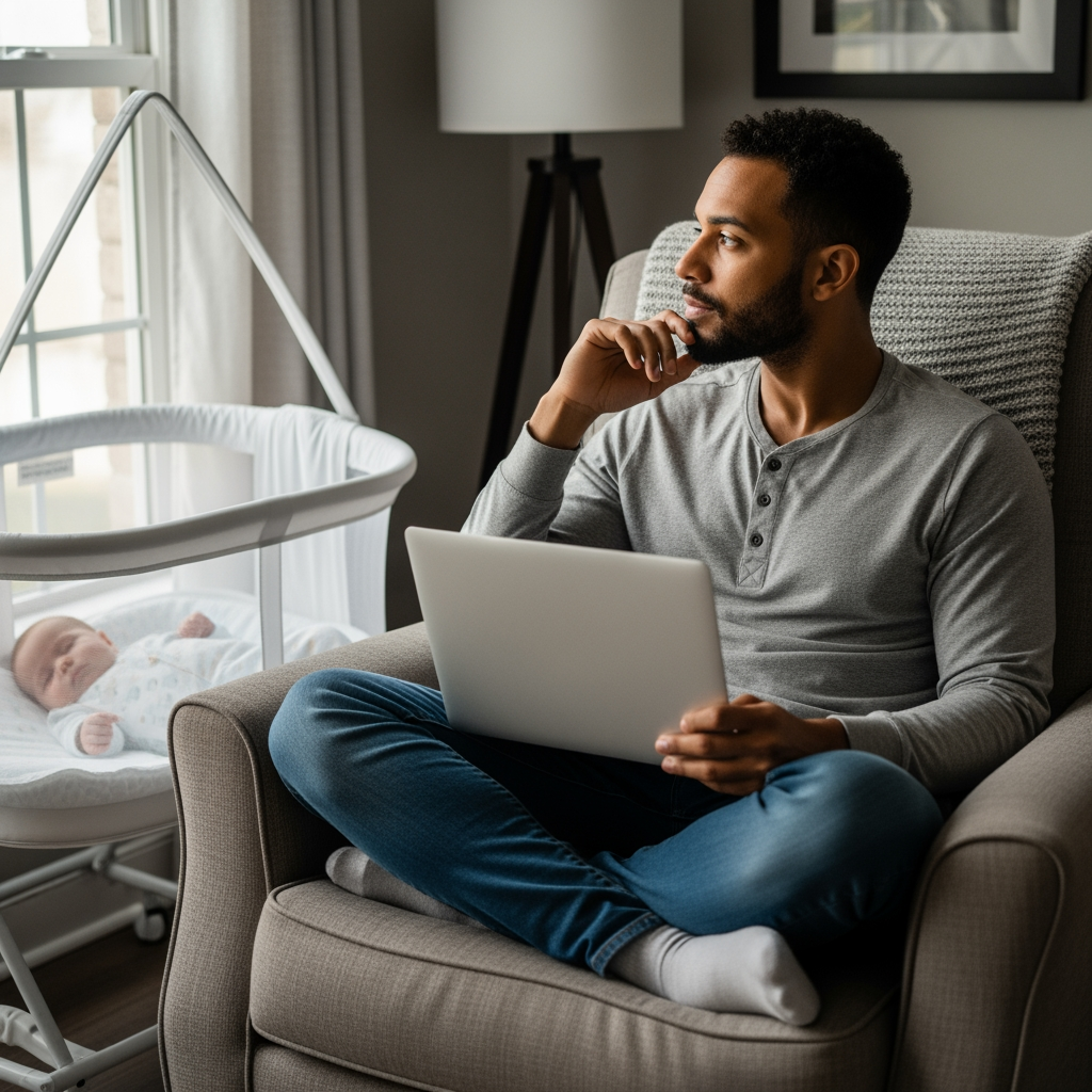 A parent sits thoughtfully in a living room with a closed laptop, while a baby sleeps peacefully nearby, suggesting access to a digital support program.