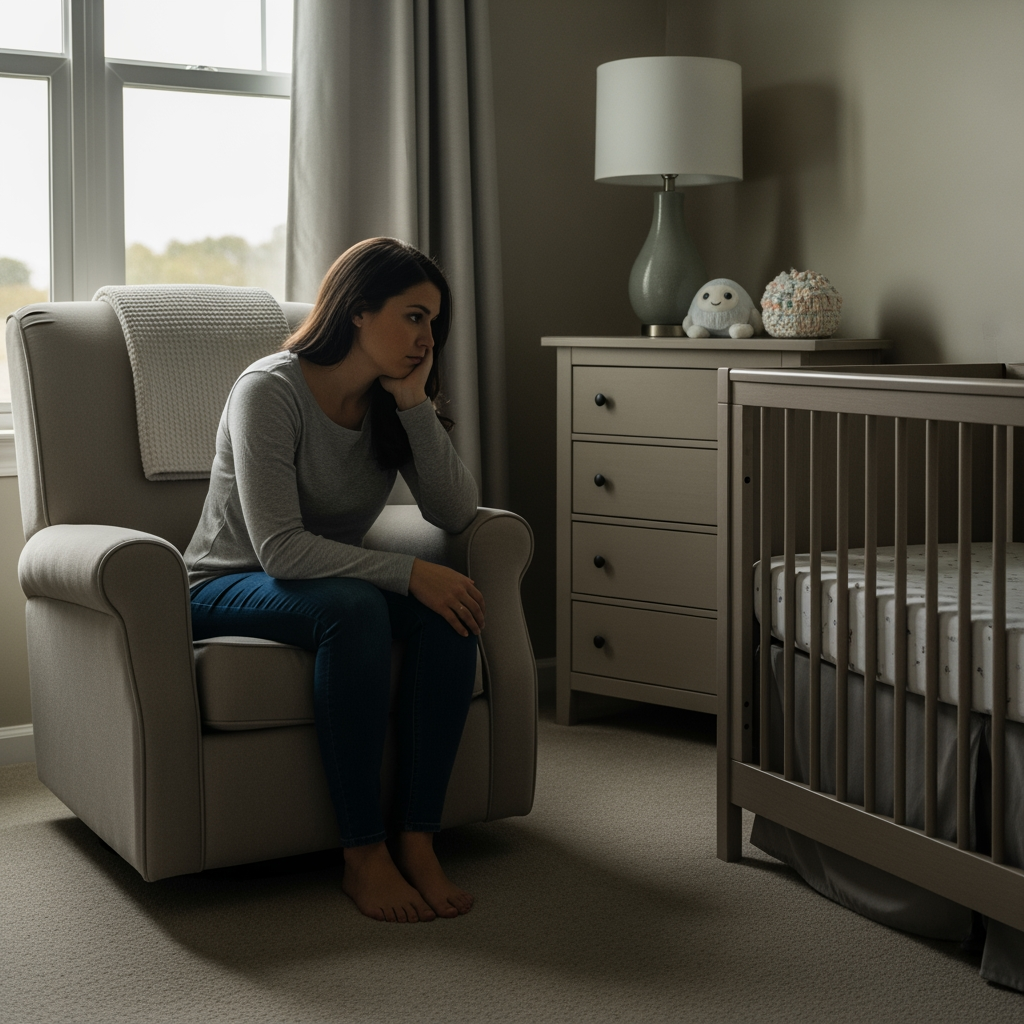 A parent sits thoughtfully in an armchair in a nursery, contemplating, with ample negative space conveying a sense of decision-making.