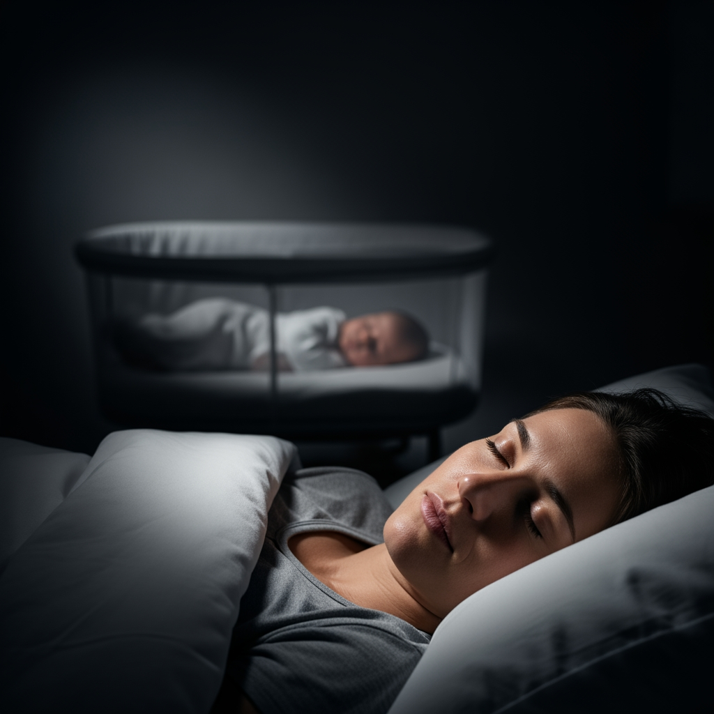 A parent sleeps peacefully in bed at night, with the silhouette of a baby's bassinet in the background.