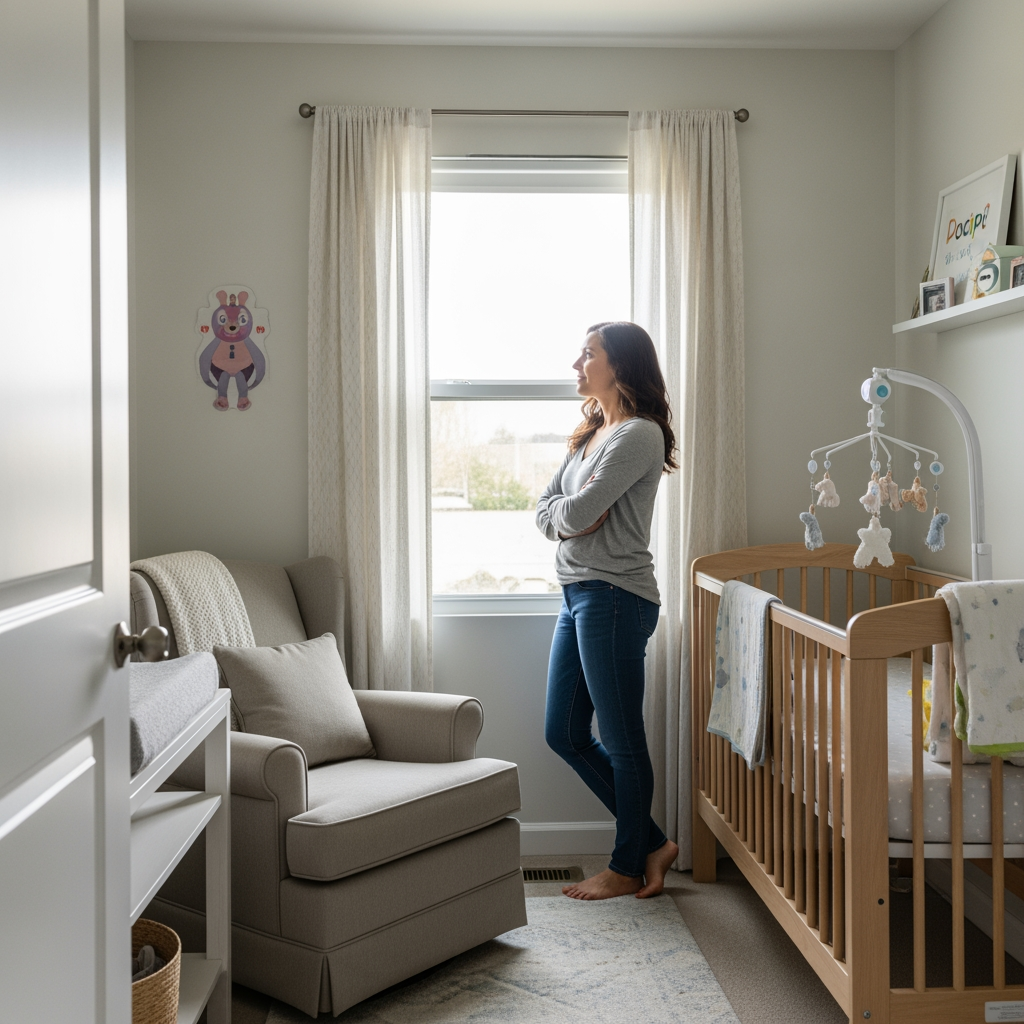 A parent stands confidently in a bright, peaceful nursery, looking out the window with a thoughtful expression.