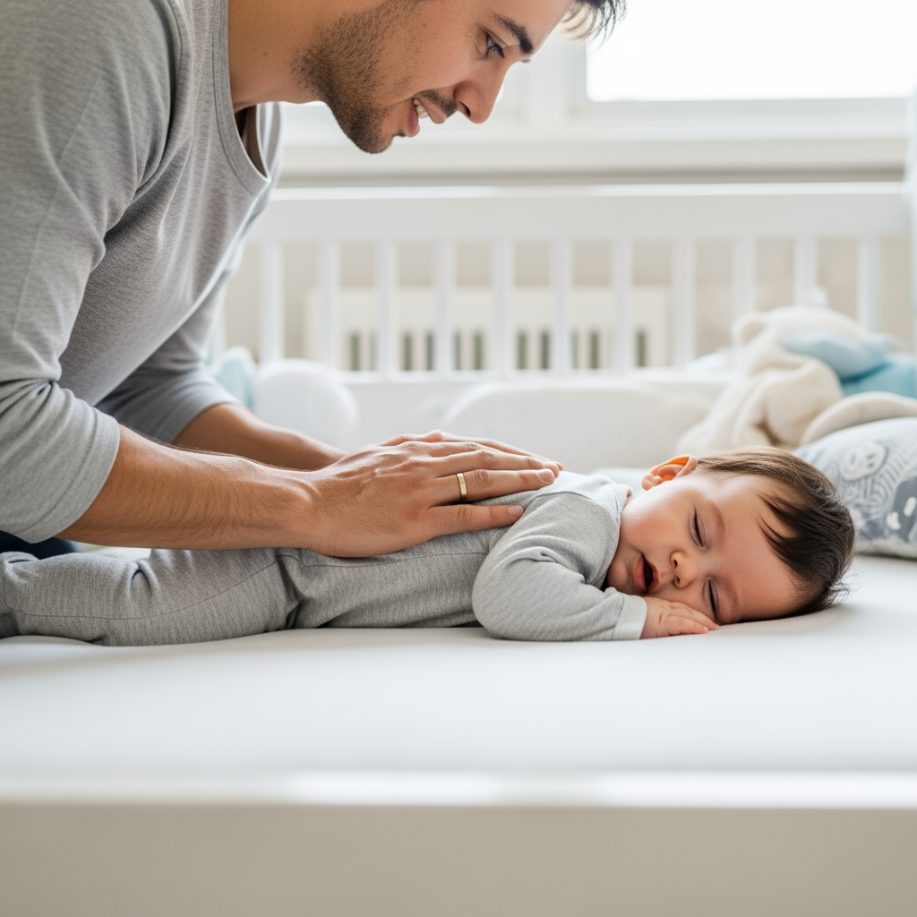 A parent tries to put their baby down for a nap, but the baby is playfully resisting.