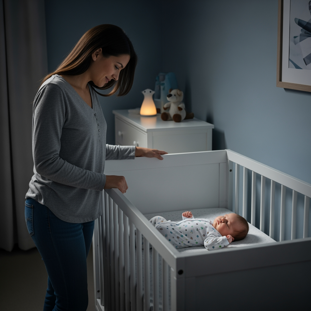 A parent watches their baby sleeping safely and peacefully in a crib, looking calm and reassured.