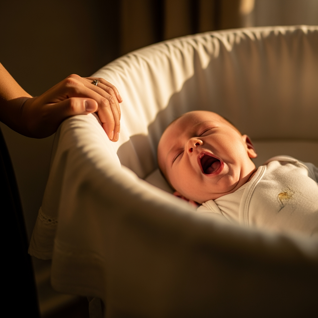 A parent's hand rests on a bassinet while watching their drowsy baby yawn, a clear sleep cue.