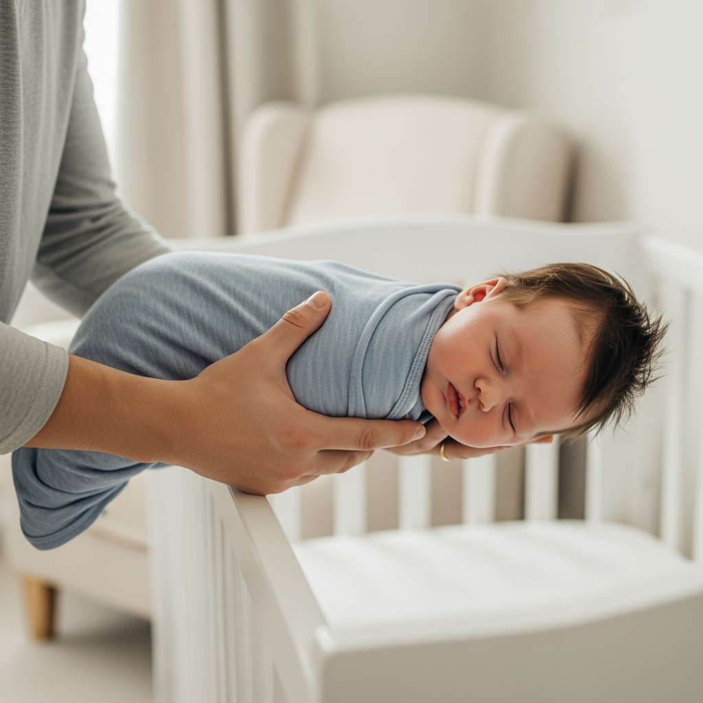 A parent's hands gently lowering a drowsy, swaddled baby into a crib, signifying the gentle transition process.